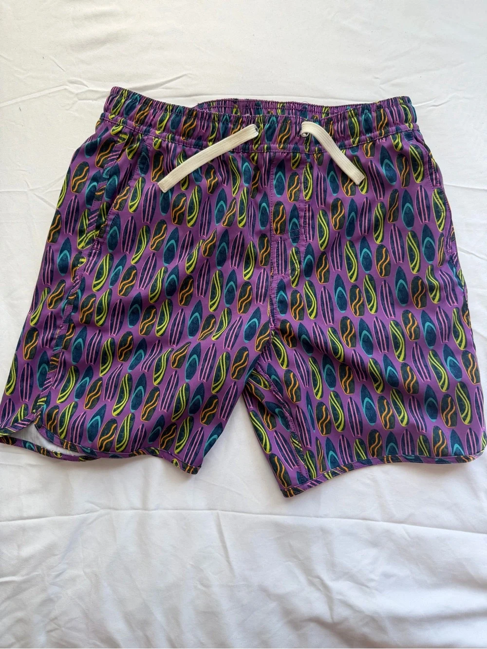 Fair Harbor Kids Purple Swim Trunks with Multicolor Surfboard Print